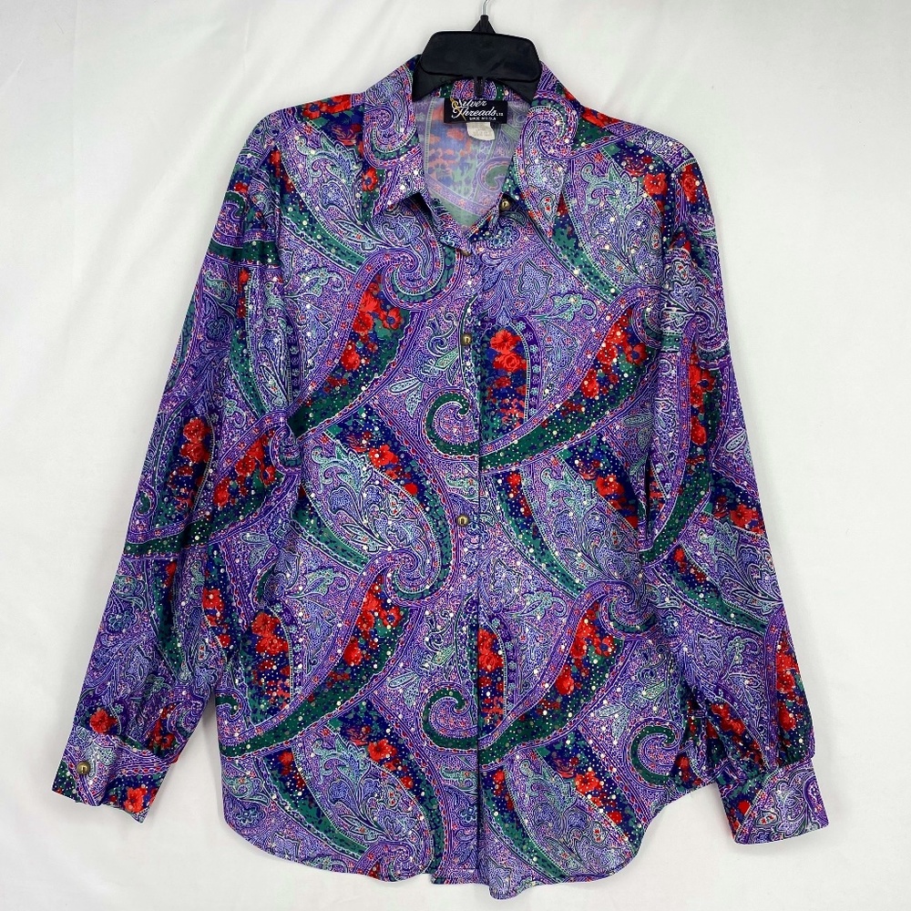 Silver Threads Womens Large Vintage Button Up Shirt Purple Red Silver Paisley LS
